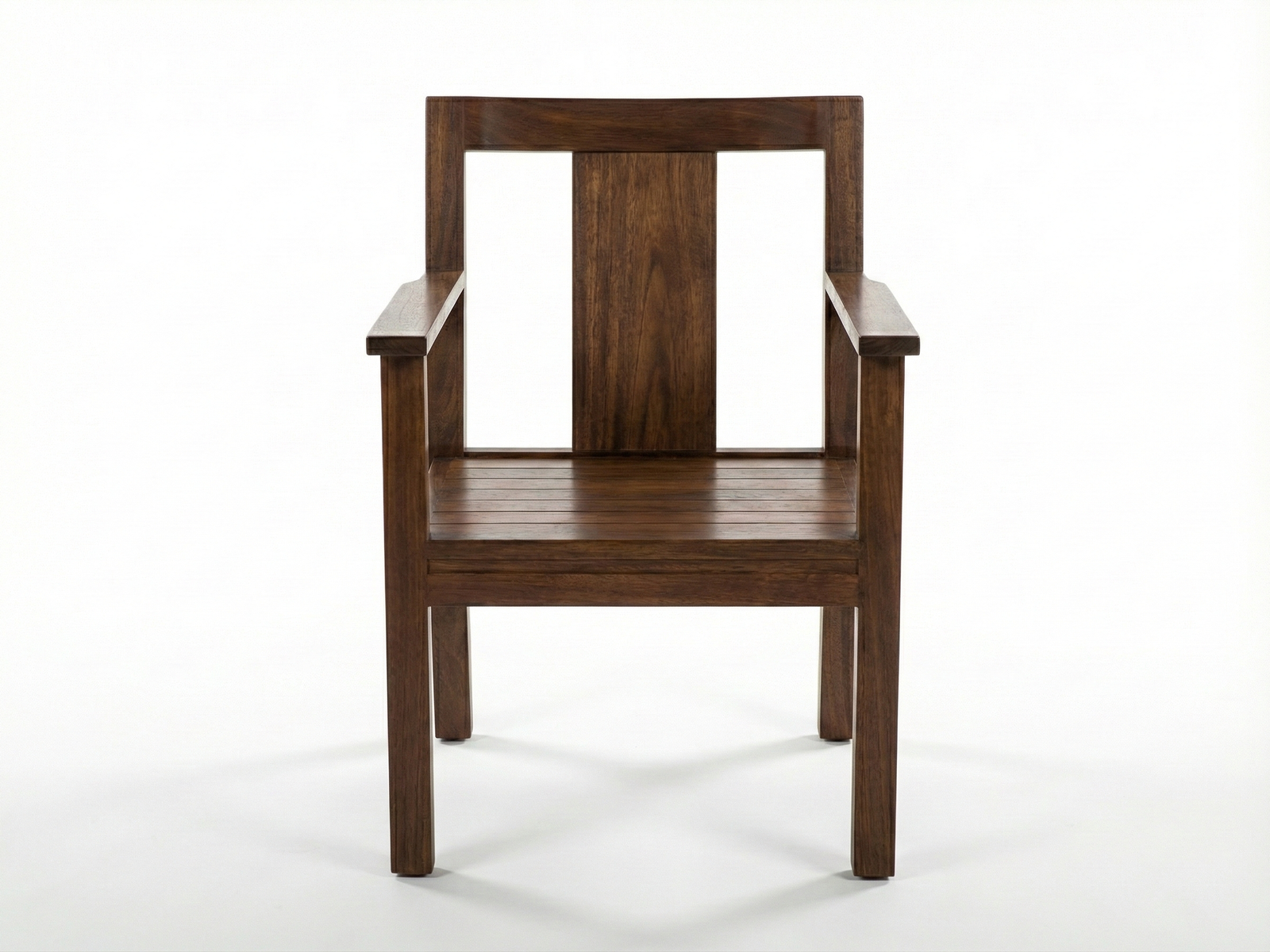 Front view of the Easton Easy Chair, a modern, straight-lined armchair made of dark-stained Mahogany wood with visible grain. The design is simple and geometric, featuring a rectangular open backrest with a single vertical slat, a slatted seat, and straight, open armrests. The chair is photographed against a plain white background