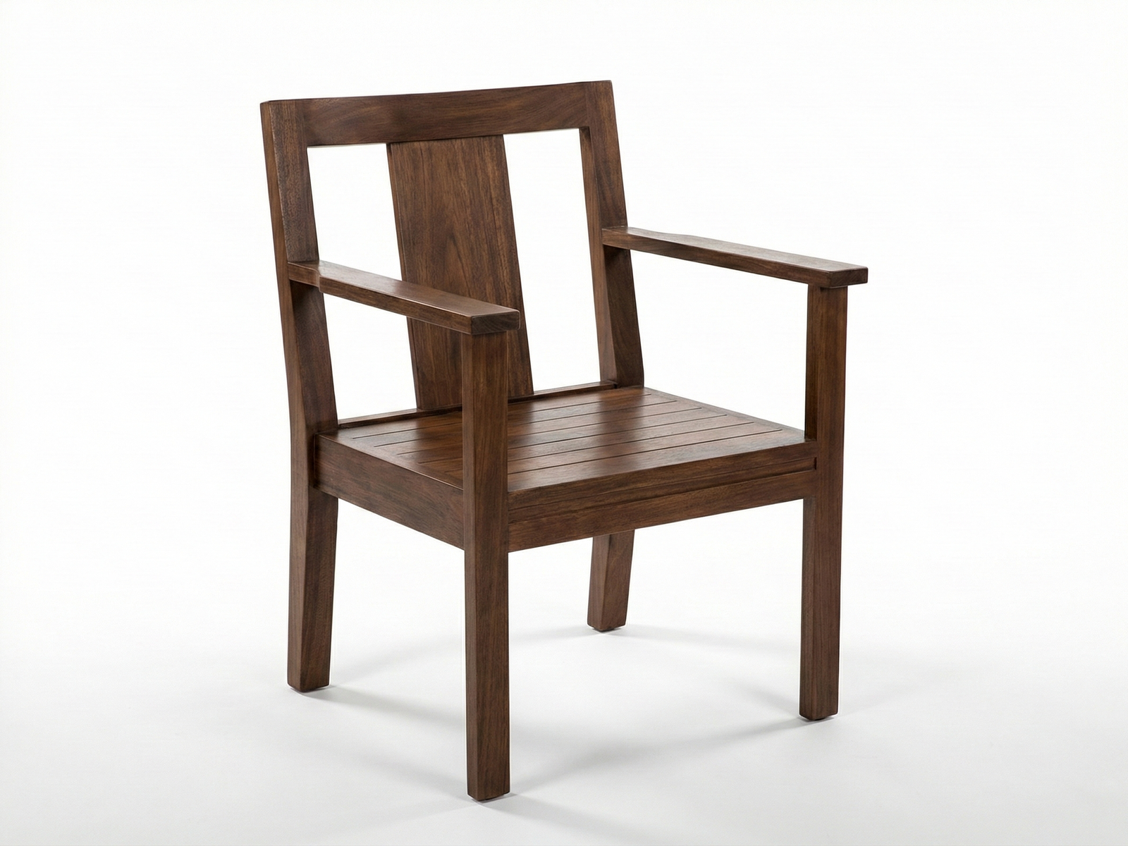 Side view of the Easton Easy Chair, a modern, straight-lined armchair made of dark-stained Mahogany wood with visible grain. The design is simple and geometric, featuring a rectangular open backrest with a single vertical slat, a slatted seat, and straight, open armrests. The chair is photographed against a plain white background
