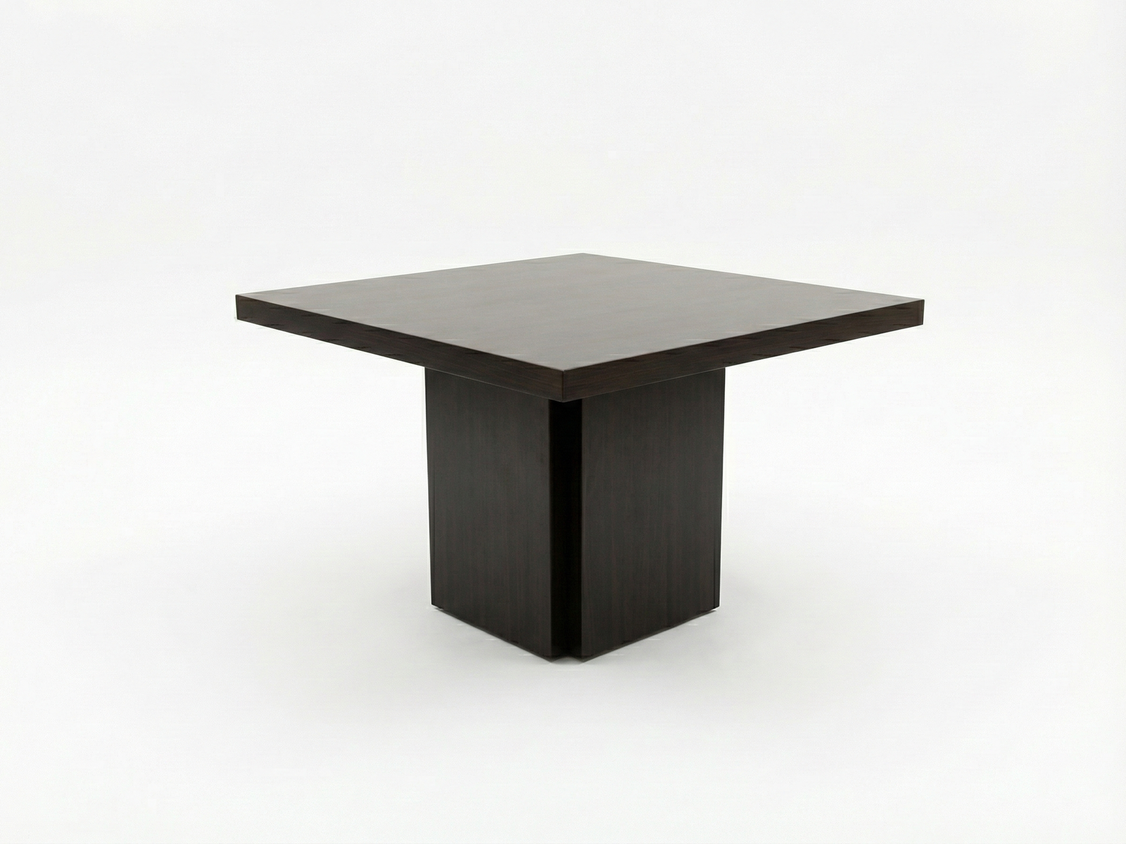 Side view of Elmo dining table with box frame base and square top made out of solid Mahogany timber