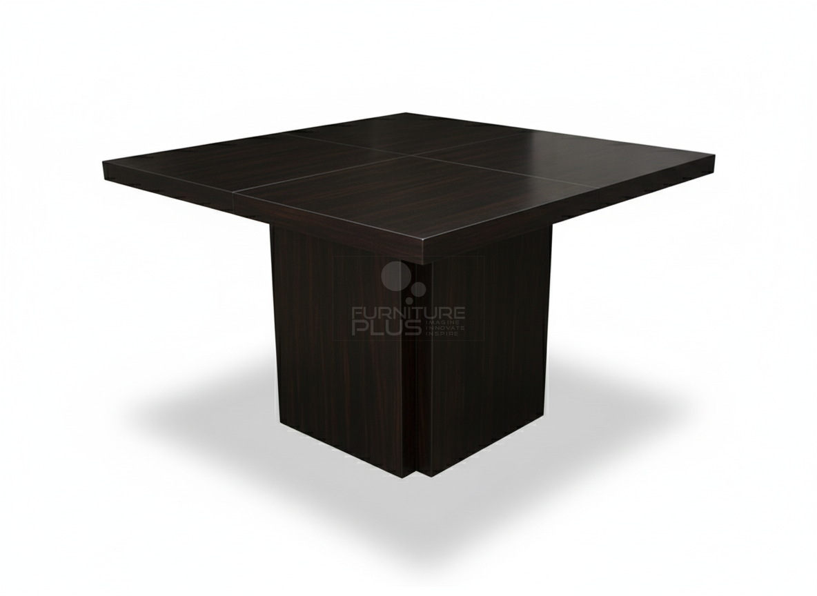 Side view of Elmo dining table with box frame base and square top made out of solid Mahogany timber