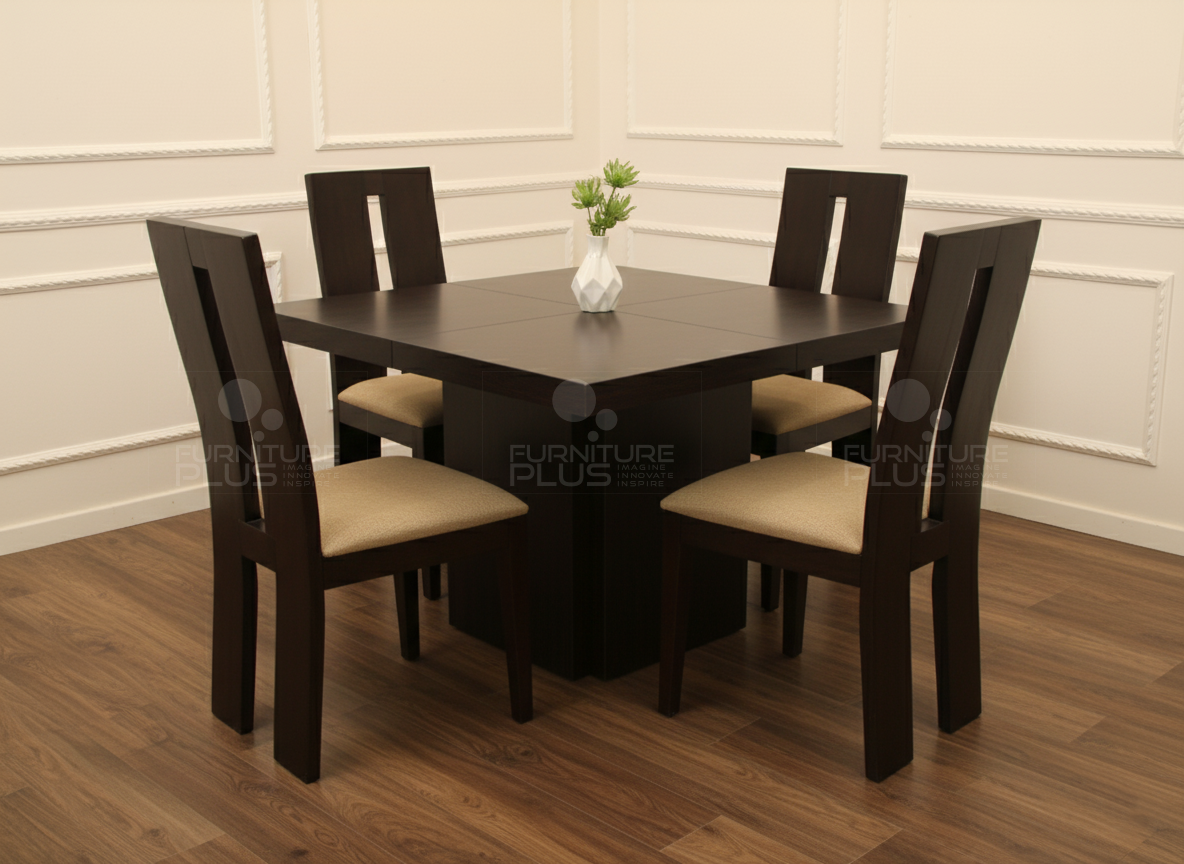 Elmo four seater dining table with box frame base and square top made out of solid Mahogany timber wit h4 dining chairs in a modern dining room
