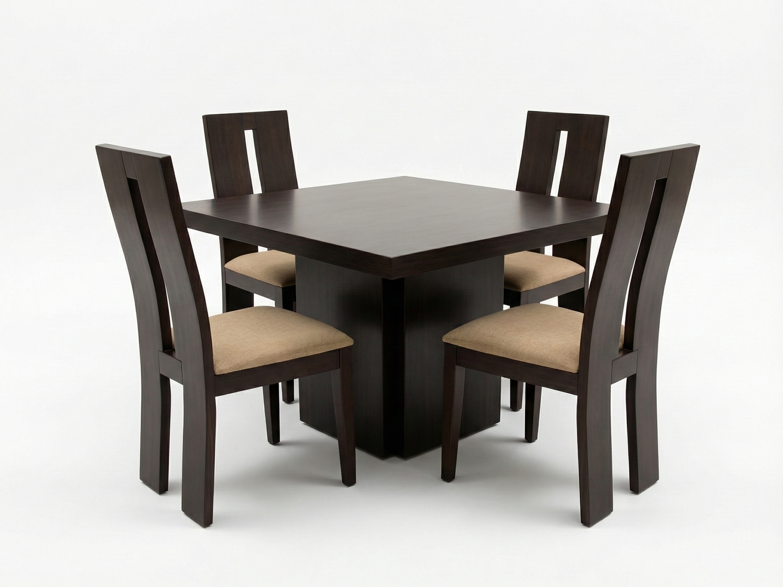 Side view of Elmo dining table with box frame base and square top made out of solid Mahogany timber with 4 Tracy Chairs