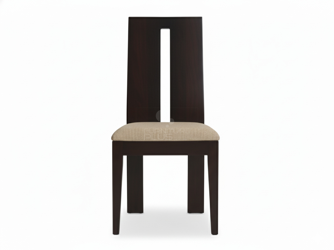 Front view of Emelda contemporary dining chair made of dark Mahogany wood. The chair has a minimalist design with a high rectangular back panel that includes a single central vertical slit, and a padded seat covered in light tan fabric