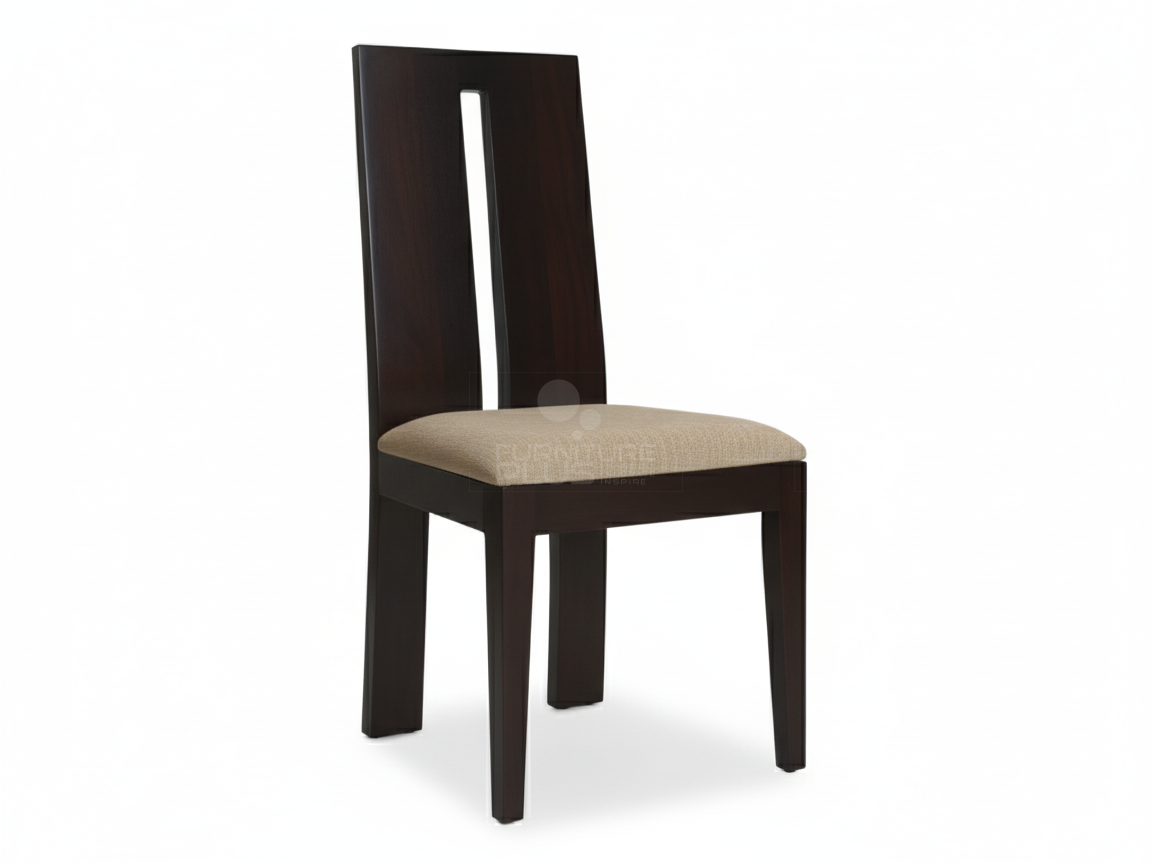 Emelda contemporary dining chair made of dark Mahogany wood. The chair has a minimalist design with a high rectangular back panel that includes a single central vertical slit, and a padded seat covered in light tan fabric