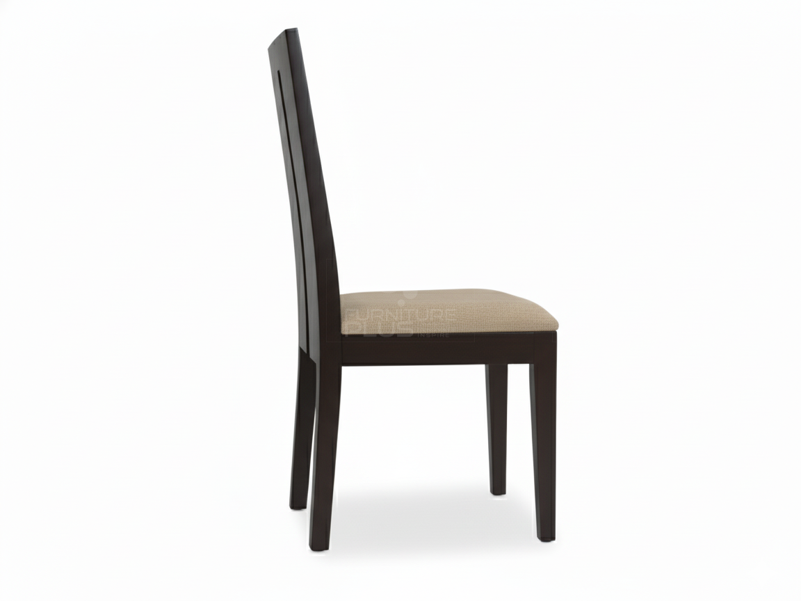 Side view of Emelda contemporary dining chair made of dark Mahogany wood. The chair has a minimalist design with a high rectangular back panel that includes a single central vertical slit, and a padded seat covered in light tan fabric