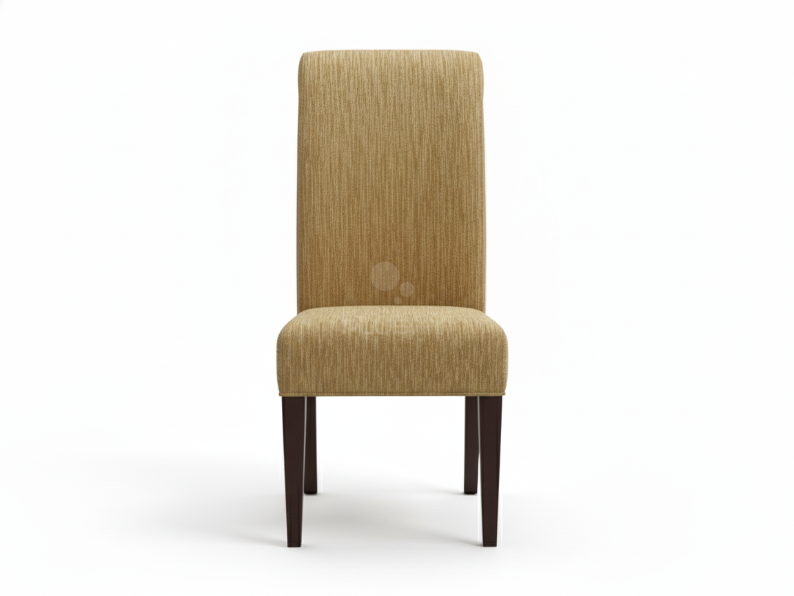 Front view of Emily formal dining chair with a high, rounded back. The chair is completely upholstered in a textured, woven ochre fabric and stands on four slightly tapered dark brown legs