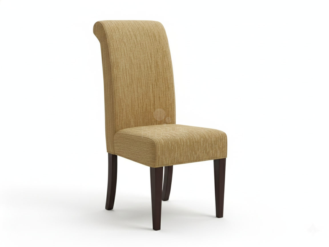 Emily formal dining chair with a high, rounded back. The chair is completely upholstered in a textured, woven ochre fabric and stands on four slightly tapered dark brown legs