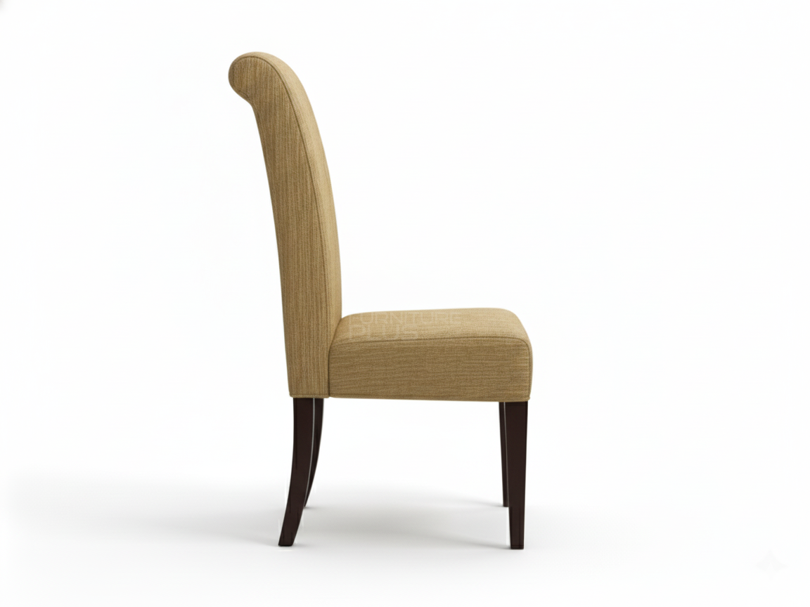 Side view of Emily formal dining chair with a high, rounded back. The chair is completely upholstered in a textured, woven ochre fabric and stands on four slightly tapered dark brown legs