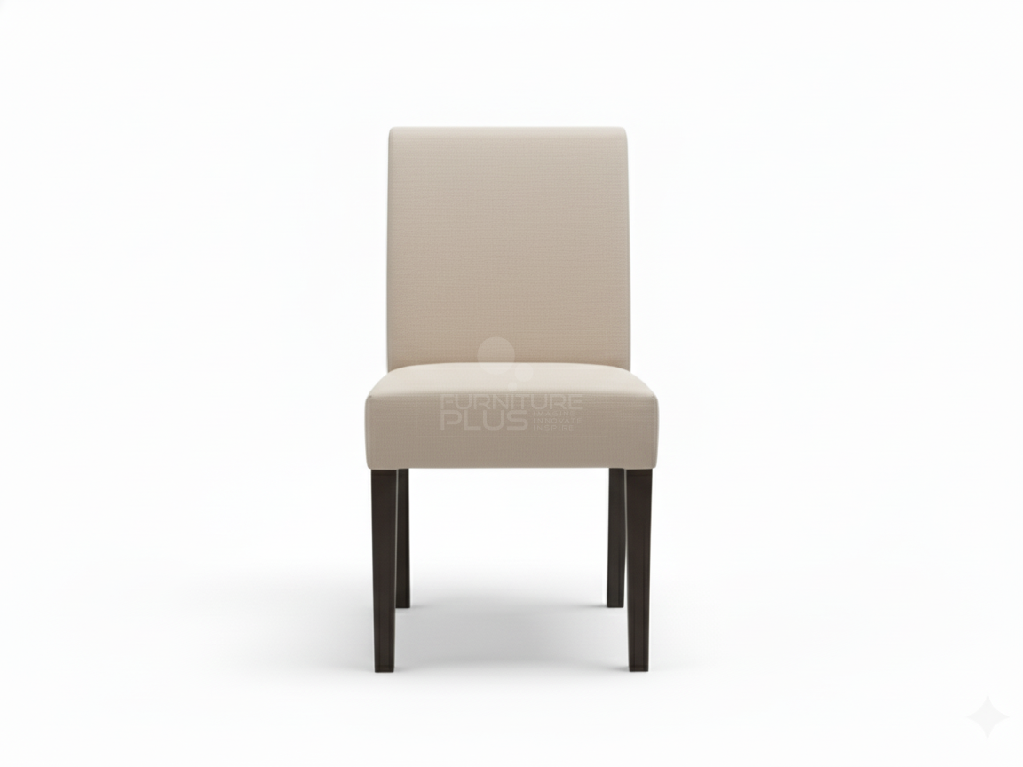 Front view of Emy basic dining chair featuring a straight, low-height back and square seat, all upholstered in a light, slightly textured neutral fabric. It has dark brown exposed wooden legs
