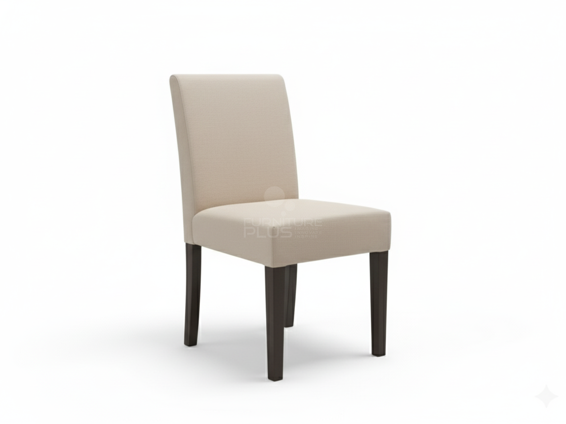 Emy basic dining chair featuring a straight, low-height back and square seat, all upholstered in a light, slightly textured neutral fabric. It has dark brown exposed wooden legs
