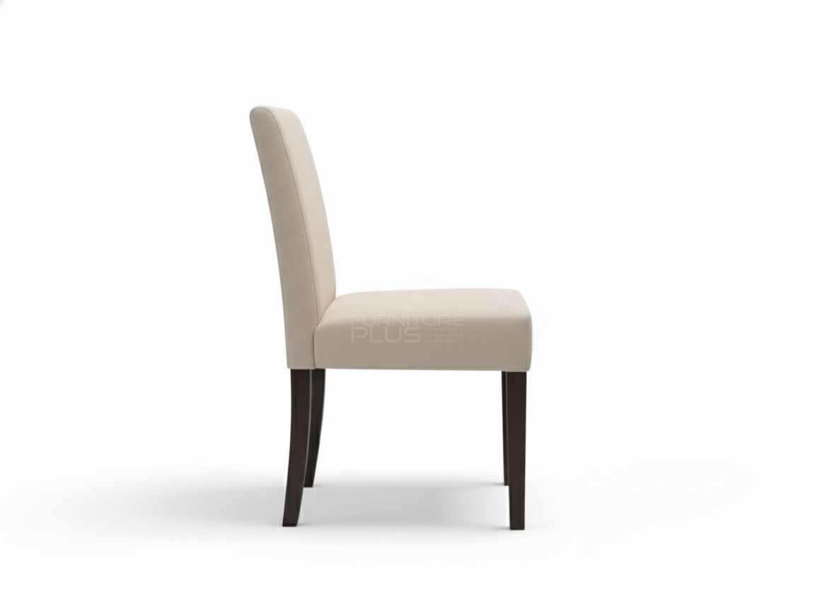 Side view of Emy basic dining chair featuring a straight, low-height back and square seat, all upholstered in a light, slightly textured neutral fabric. It has dark brown exposed wooden legs