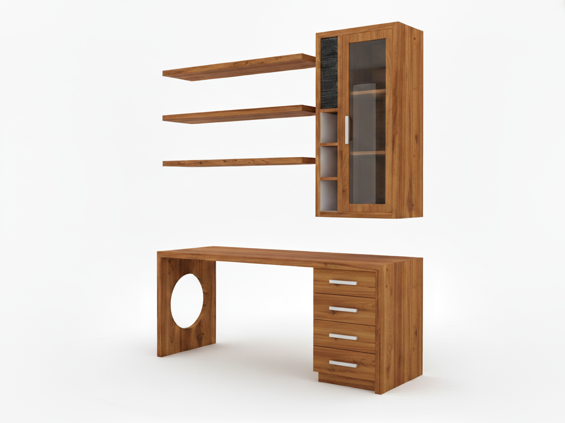 Side view of a modern two-piece Mahogany wood Ernst study unit. The lower desk features a rectangular top, a four-drawer pedestal, and a solid panel leg with a distinctive oval cutout. The separate, wall-mounted upper unit includes three floating shelves and a tall cabinet with a glass door and an open vertical storage area