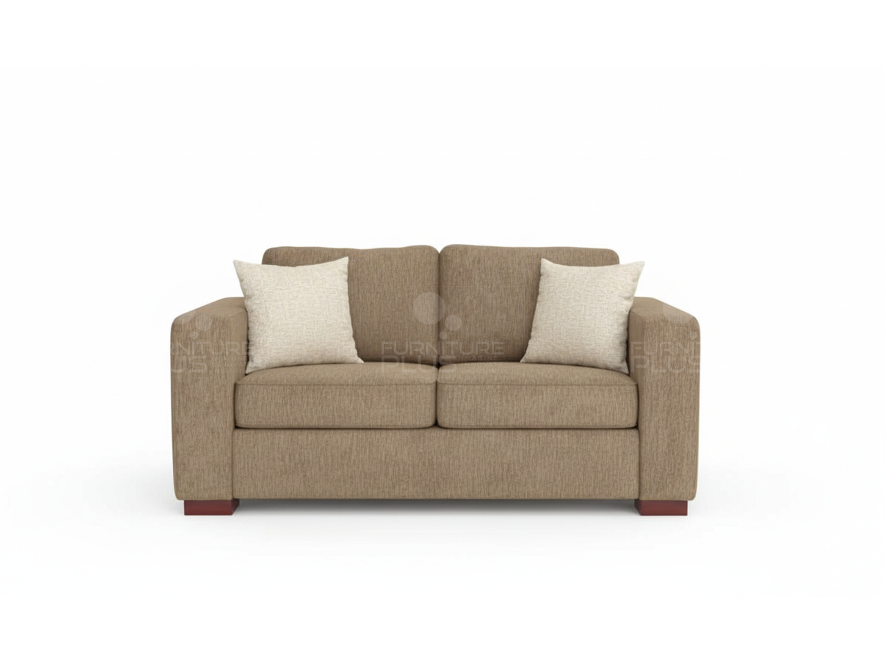 Front view of Ester fully upholstered beige two seater sofa with two white throw pillows