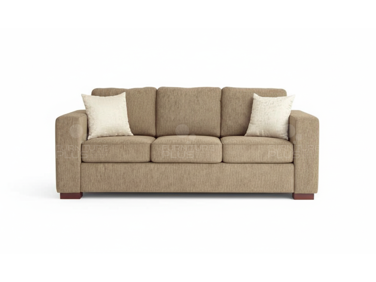 Front view of Ester fully upholstered beige three seater sofa with two white throw pillow