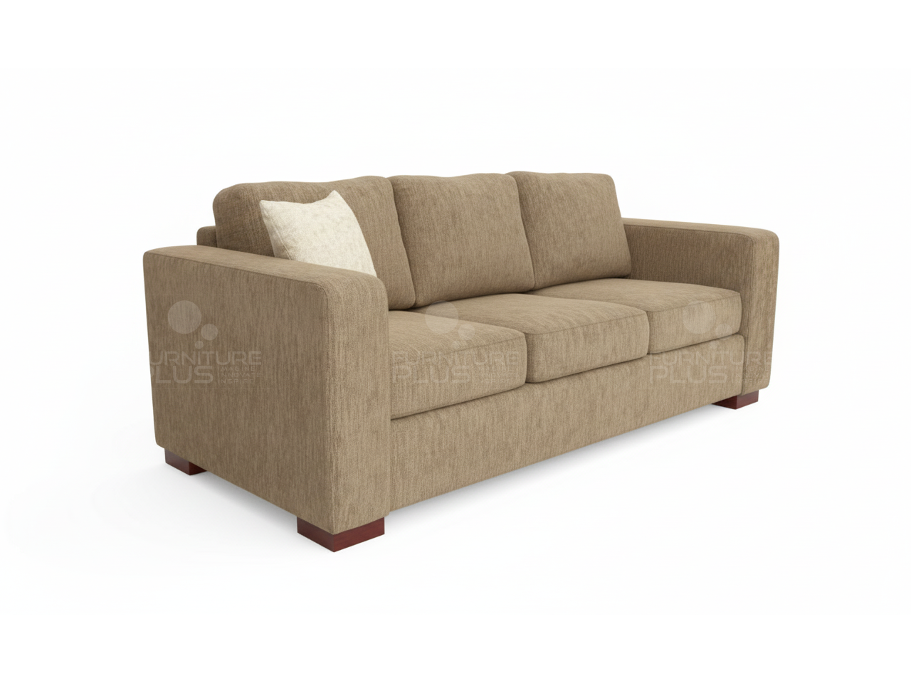 Side view of Ester fully upholstered beige three seater sofa with one white throw pillow