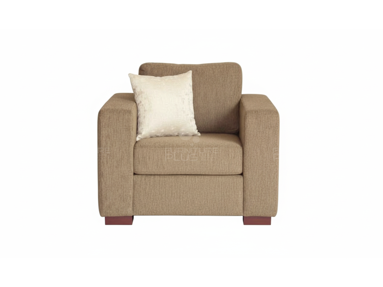 Front view of Ester fully upholstered beige single seater sofa with one white throw pillow