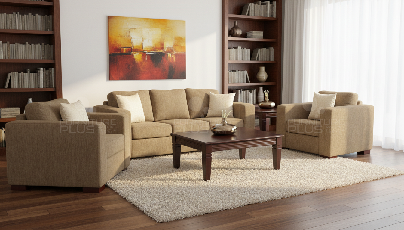 Ester fully upholstered beige 3+1+1 sofa set with white throw pillows and rectangular mahogany coffee table with glass top in a modern living room