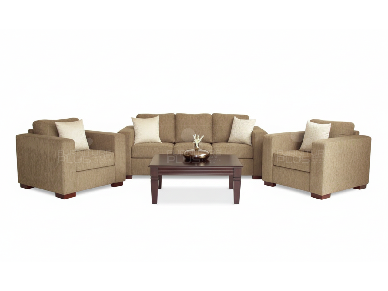 Ester fully upholstered beige 3+1+1 sofa set and rectangular coffee table with glass top