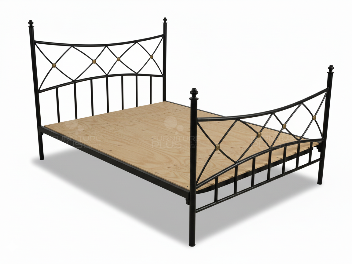 Side view of traditional black wrought iron Evangelina bed frame with ornamental headboard and footboard featuring curved lines, vertical spindles, and decorative brass accents