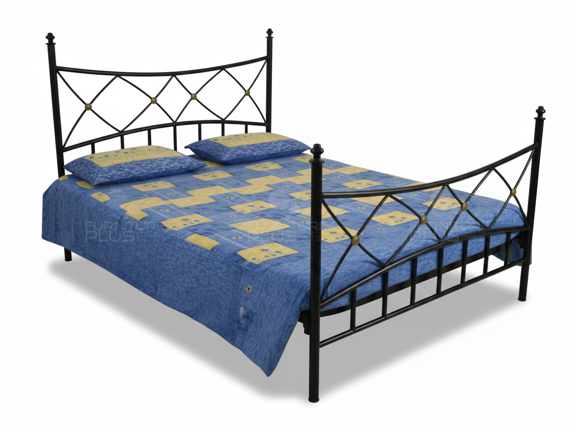 Side view of traditional black wrought iron Evangelina bed frame with ornamental headboard and footboard featuring curved lines, vertical spindles, and decorative brass accents with mattress