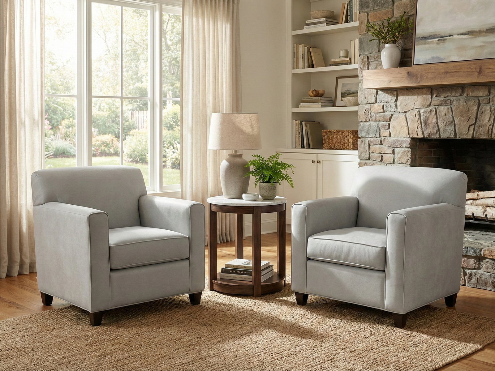 Two matching Evone Arm Chairs, upholstered in light gray fabric with clean track arms, are placed facing each other on a woven natural fiber rug in a bright living room. They flank a round wooden side table with a marble top, holding a large ceramic lamp and a potted plant. The setting includes a large window with sheer curtains, a built-in bookshelf, and a rustic stone fireplace with a wooden mantel, creating a comfortable and balanced seating arrangement