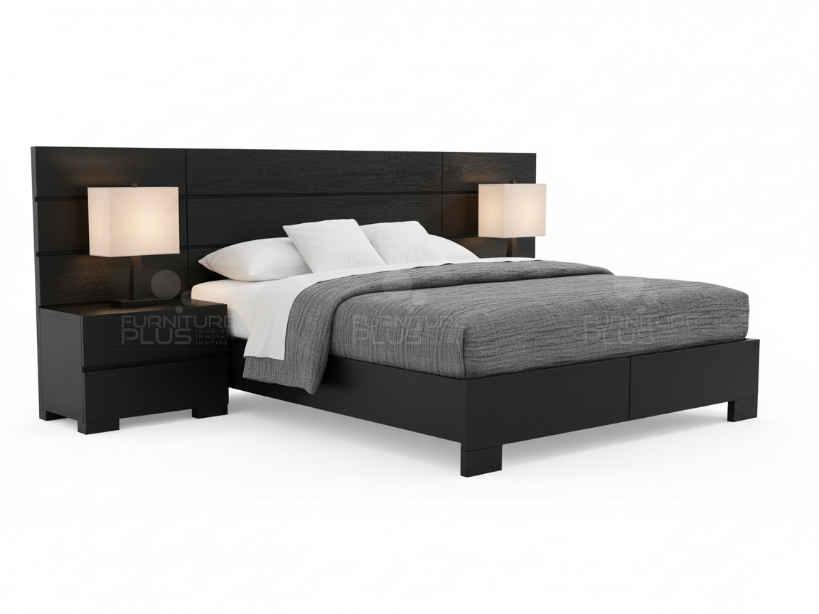 Side view of Fiona ultra-modern black wood bed with a tiered, paneled headboard and mattress, integrated, stacked storage nightstands on both sides