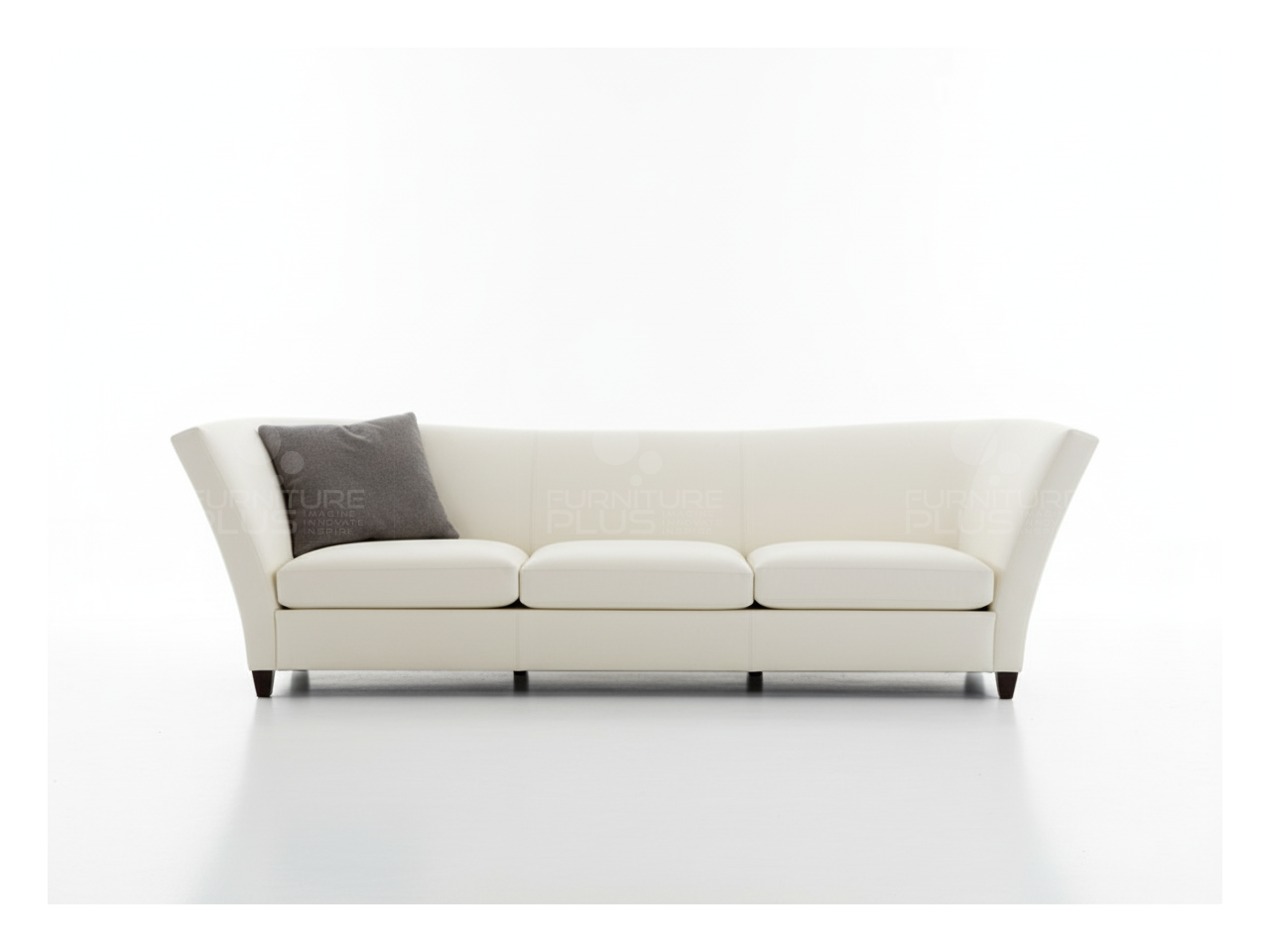 Front view of Florence fully upholstered white three seater sofa with curved back