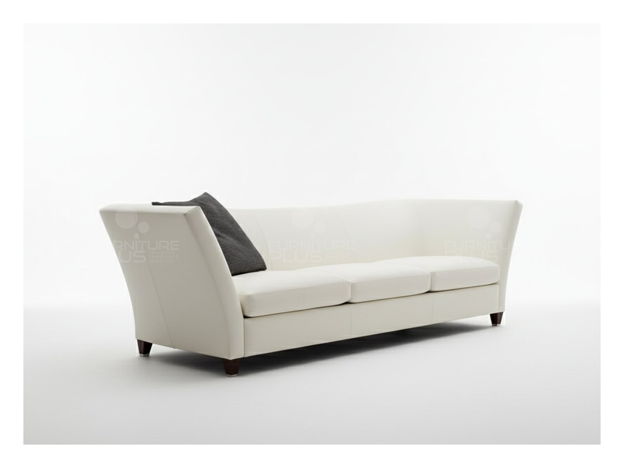 Side view of Florence fully upholstered white three seater sofa with curved back