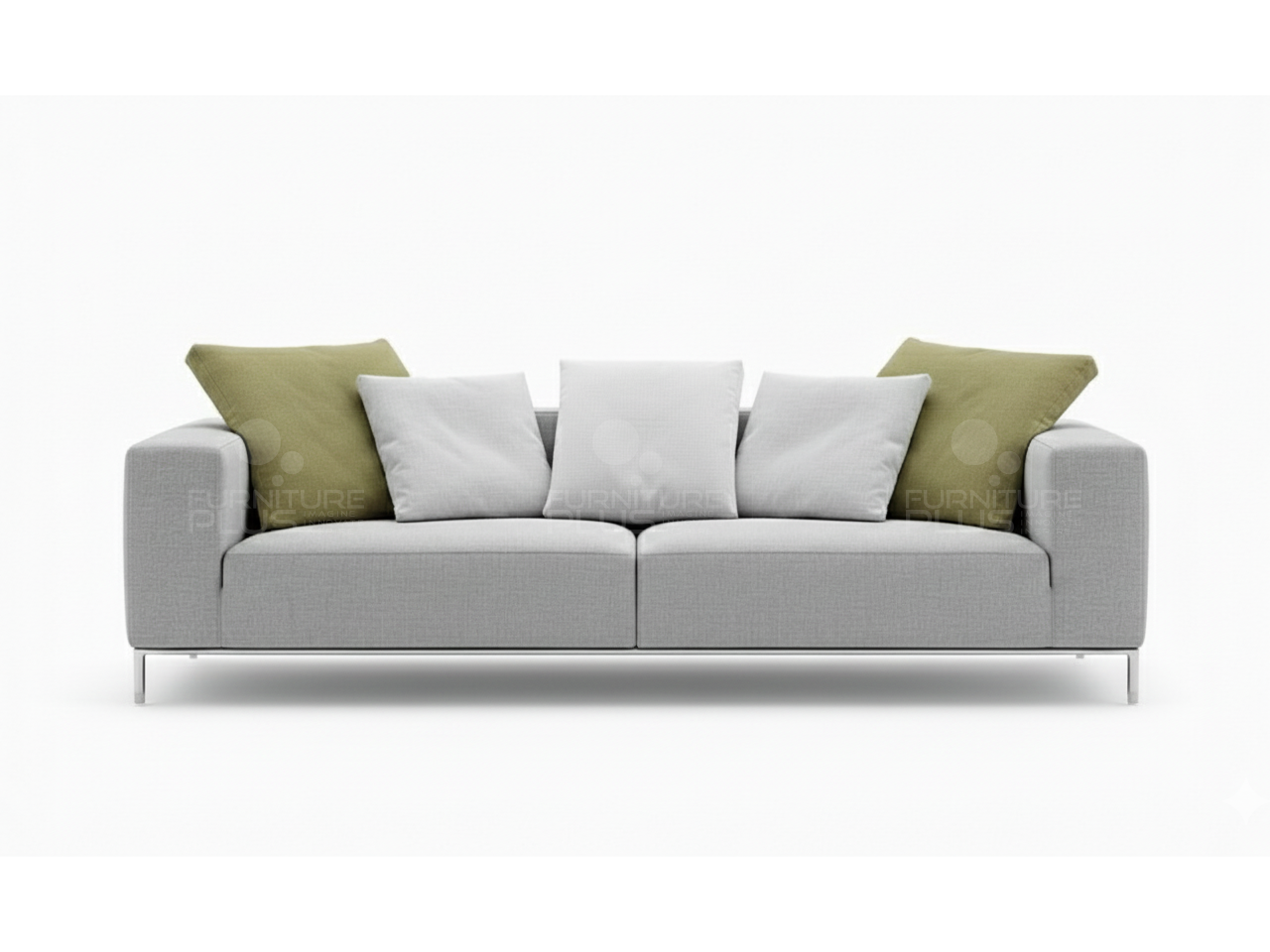 Front view of grey Frankfurt fully upholstered four seater sofa with stainless steel framed legs and short back rest and six throw pillows