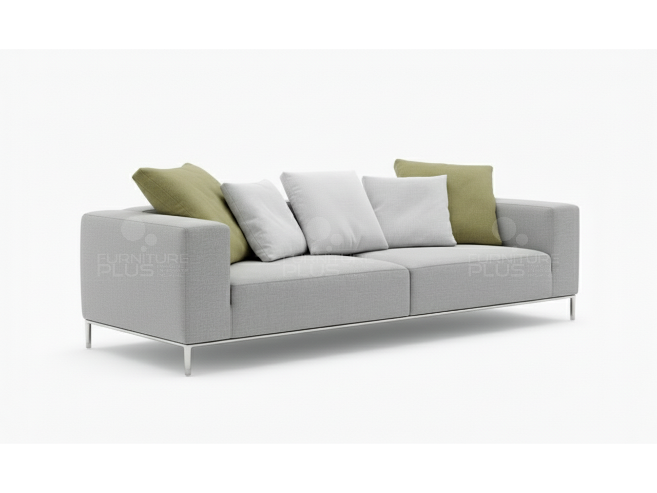 Side view of grey Frankfurt fully upholstered three seater sofa with stainless Steel framed legs and short back rest and six throw pillows