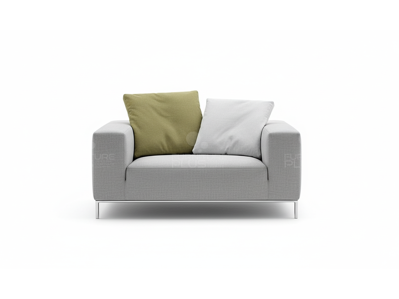 Front view of grey Frankfurt fully upholstered single seater sofa with stainless Steel framed legs and short back rest and six throw pillows