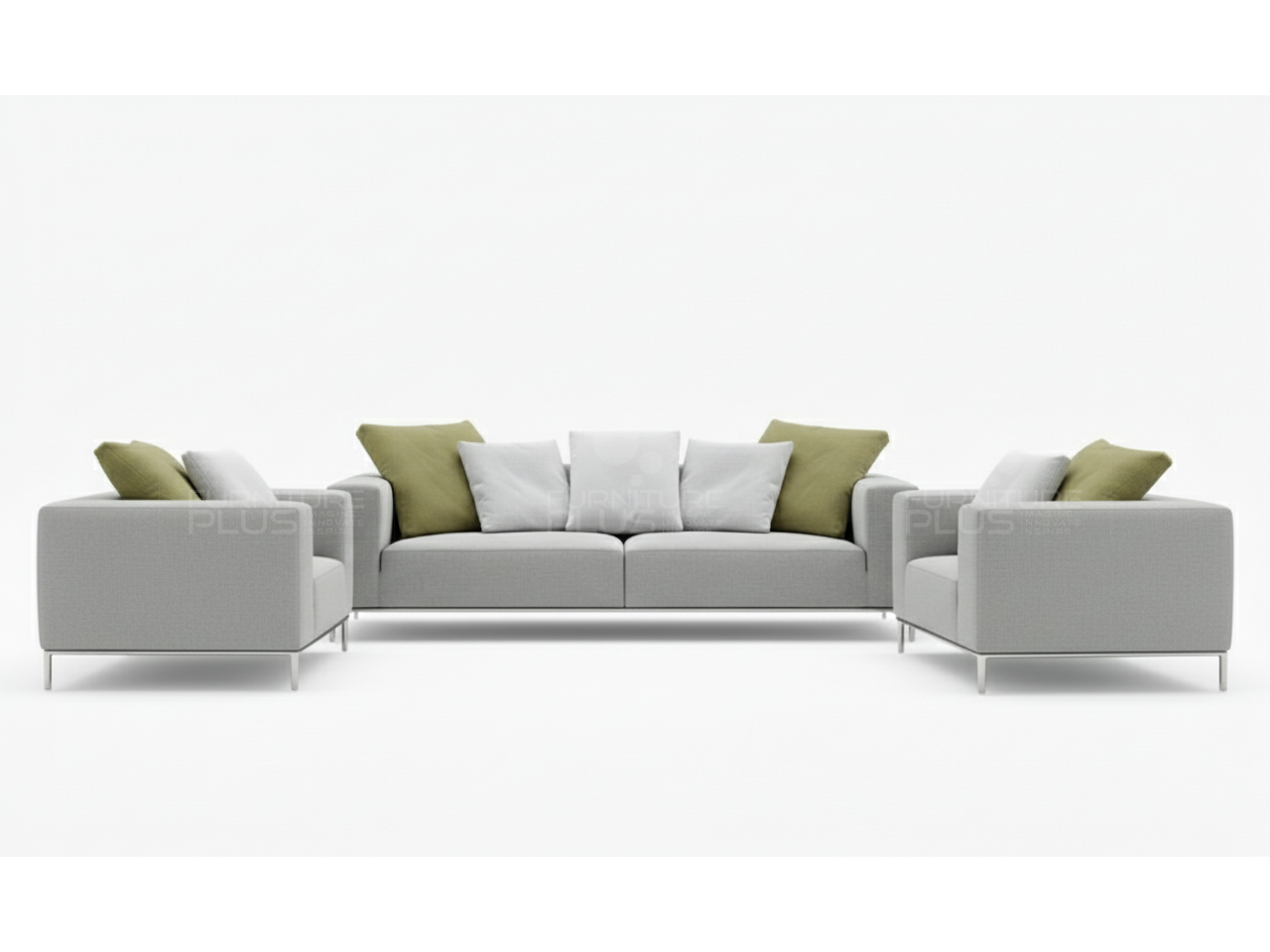 Frankfurt fully upholstered grey 3+1+1 sofa set with stainless steel framed legs and short back rest