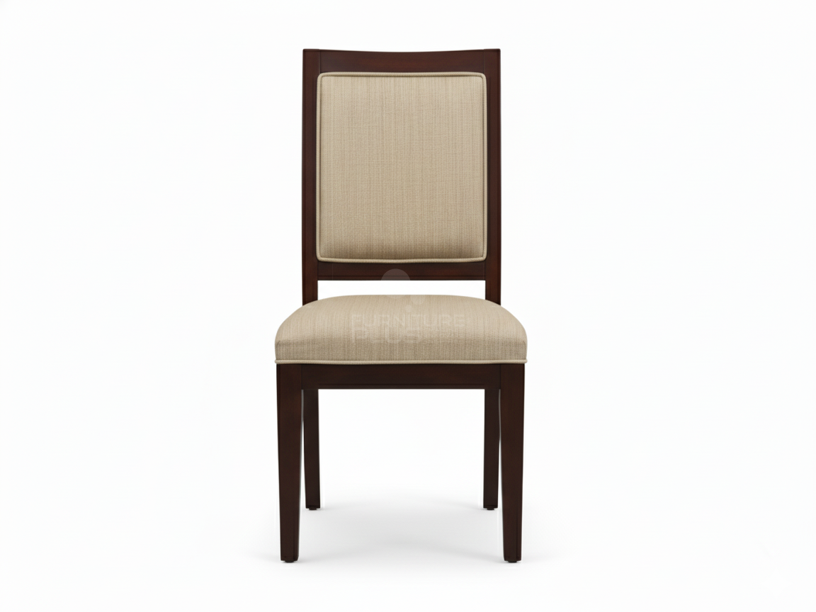 Front view of Fransisca dining chair with a rich mahogany finish. The tall backrest has a framed panel upholstered in a light, neutral, finely striped fabric, matching the padded seat cushion