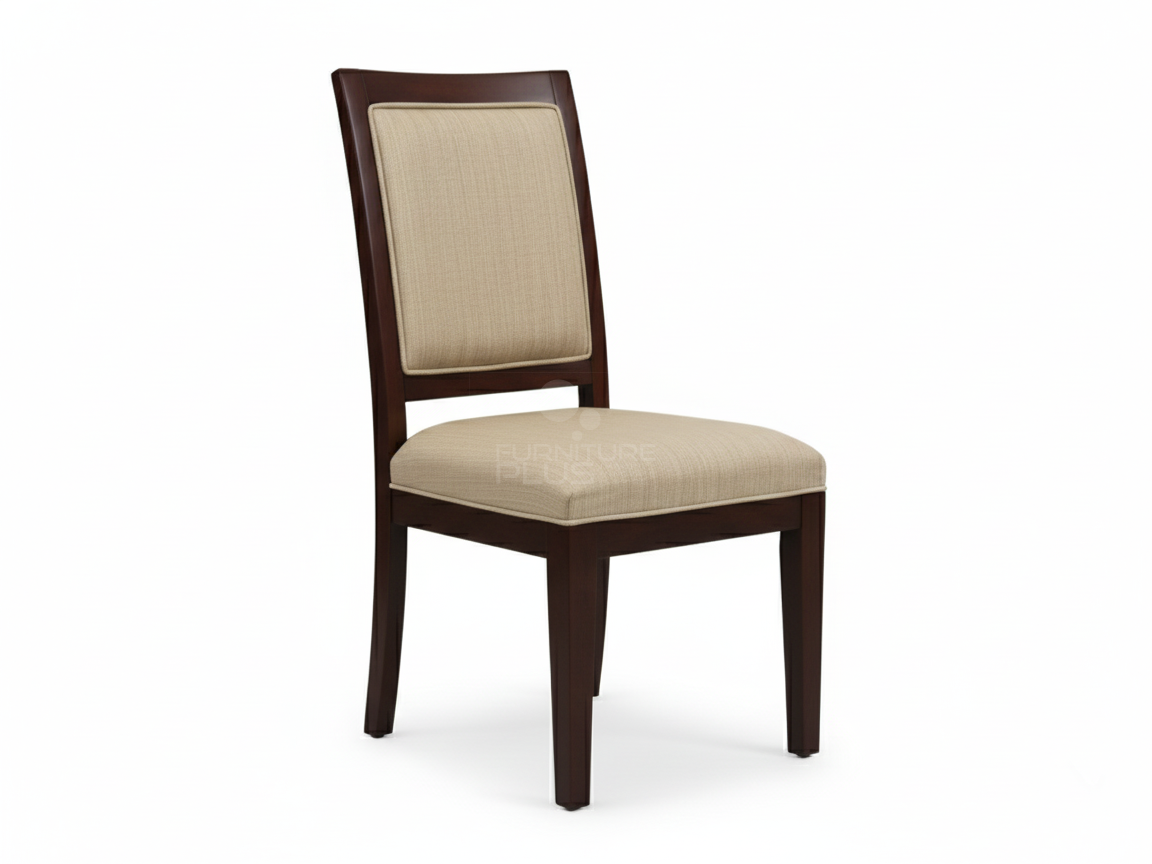 Fransisca dining chair with a rich mahogany finish. The tall backrest has a framed panel upholstered in a light, neutral, finely striped fabric, matching the padded seat cushion