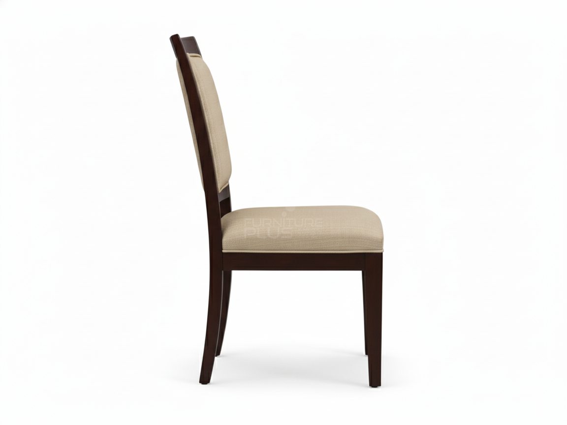 Side view of Fransisca dining chair with a rich mahogany finish. The tall backrest has a framed panel upholstered in a light, neutral, finely striped fabric, matching the padded seat cushion