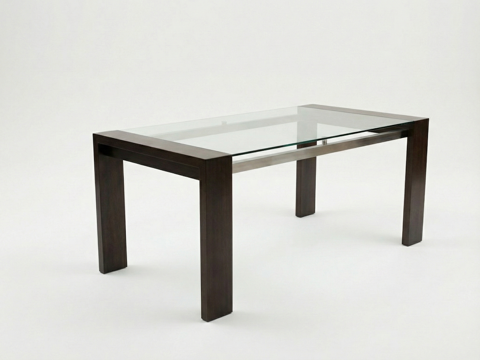 Side view of George GT with s/s box bar dining table with U-shaped panel legs combined with 2” x 2” stainless-steel box bar and with a 10mm clear glass top