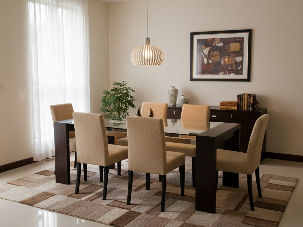 George GT with s/s box bar six seater dining table with U-shaped panel legs combined with 2” x 2” stainless-steel box bar and with a 10mm clear glass top with 6 dining chairs in a modern dining room