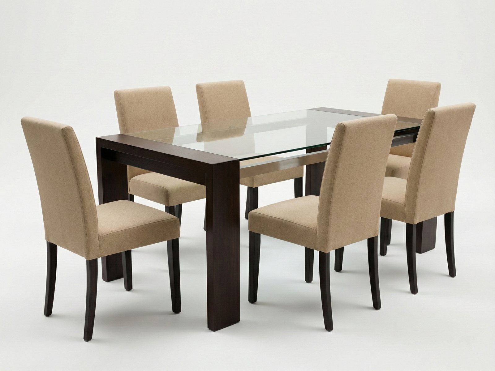 Side view of George GT with s/s box bar dining table with U-shaped panel legs combined with 2” x 2” stainless-steel box bar and with a 10mm clear glass top with 6 Jenifer Chairs