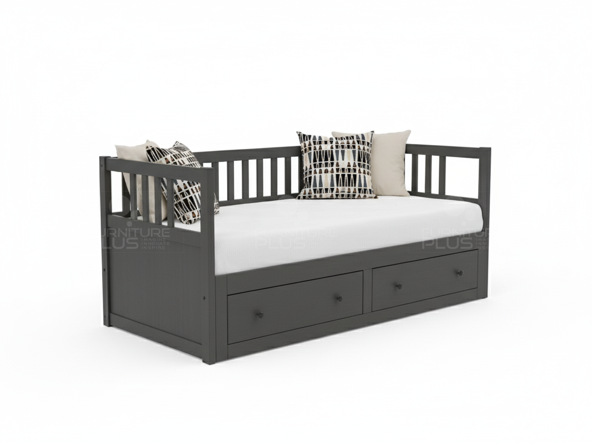 Side view of Georgina dark gray wooden daybed with three sides of vertical slatted railings, a slatted base, mattress and two large under-bed storage drawers