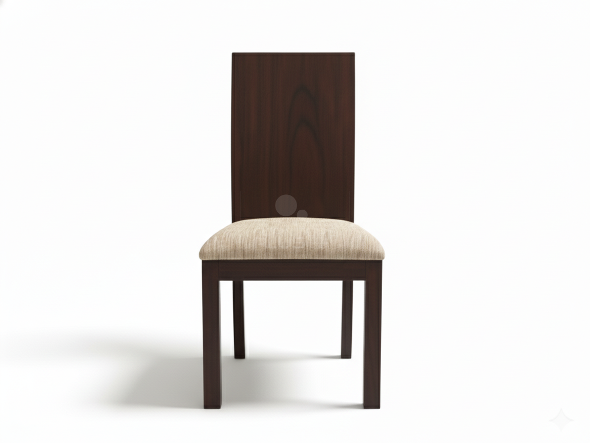 Front view of Gloria minimalist dining chair featuring a smooth, dark mahogany or walnut wood back panel and frame. The seat is padded and covered in a woven tan and cream-colored fabric