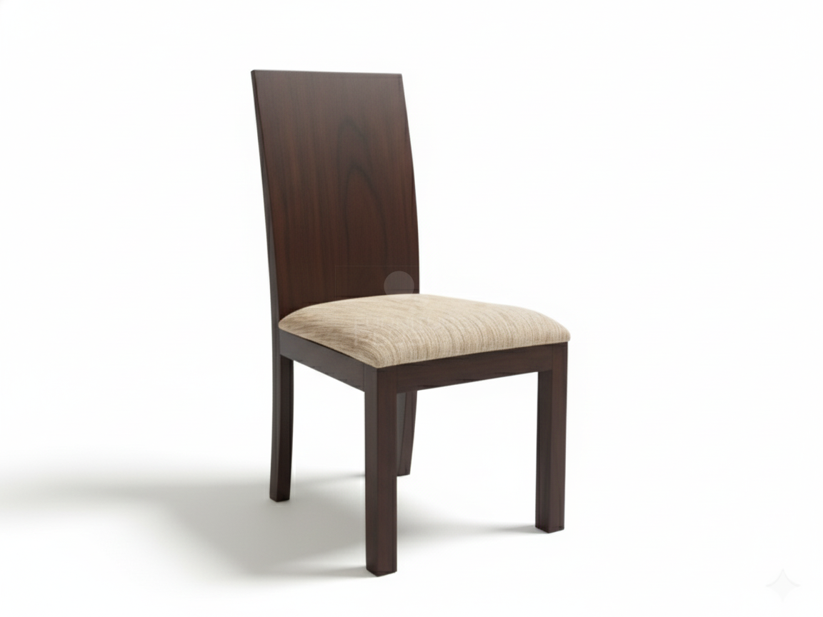Gloria minimalist dining chair featuring a smooth, dark mahogany or walnut wood back panel and frame. The seat is padded and covered in a woven tan and cream-colored fabric