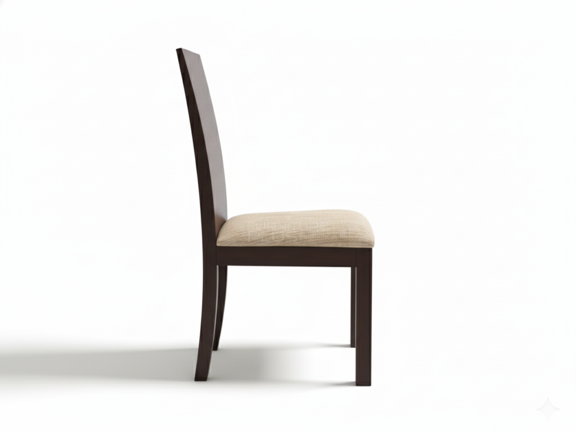 Side view of Gloria minimalist dining chair featuring a smooth, dark mahogany or walnut wood back panel and frame. The seat is padded and covered in a woven tan and cream-colored fabric