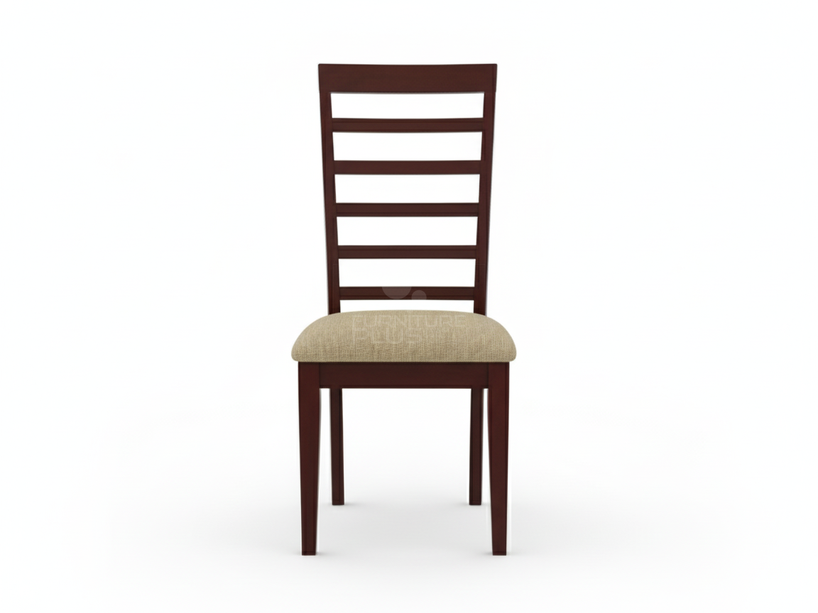 Front view of Grace traditional dining chair with a mahogany frame. The tall back is a classic ladder design, and the seat is padded and covered in a woven tan fabric