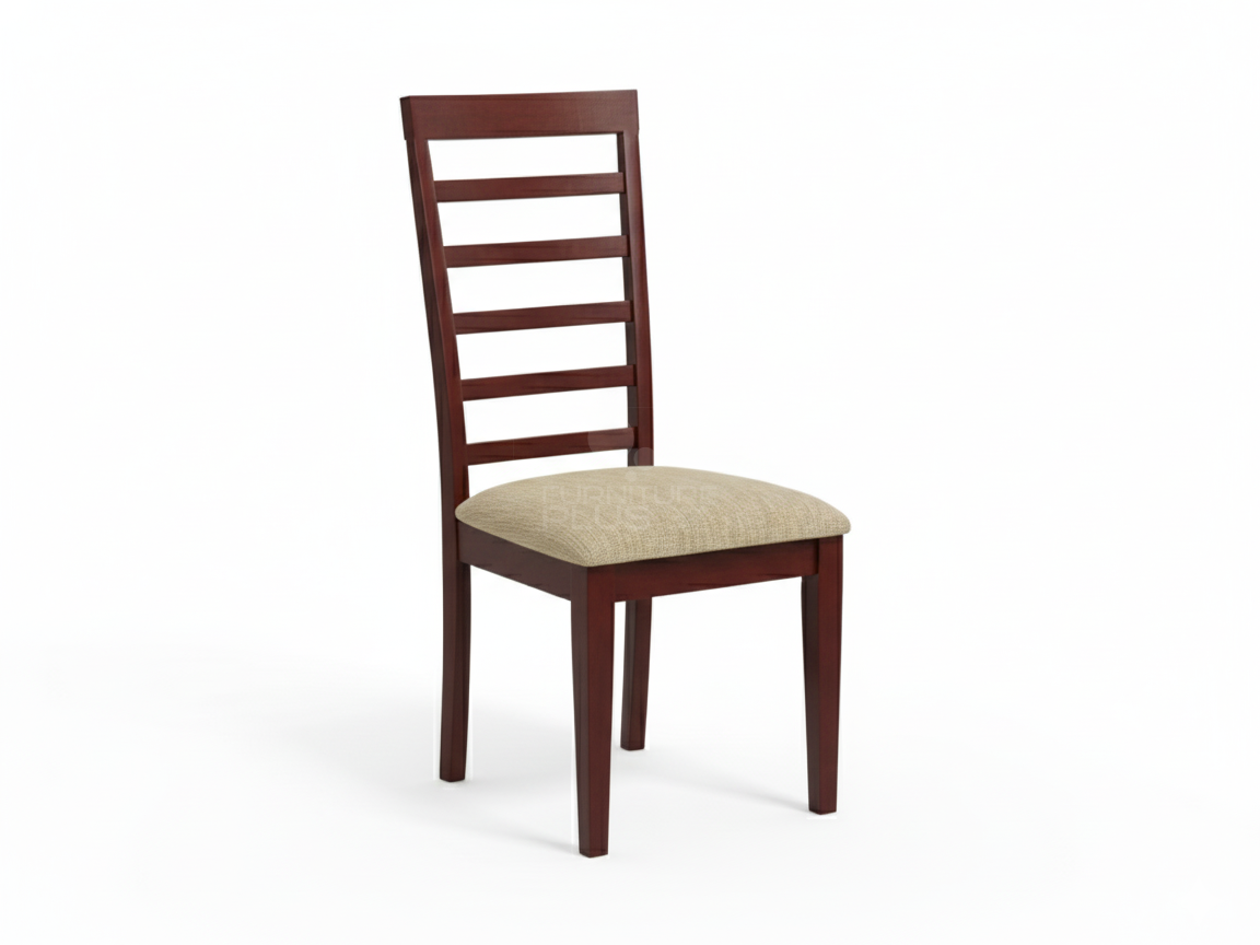 Grace traditional dining chair with a mahogany frame. The tall back is a classic ladder design, and the seat is padded and covered in a woven tan fabric