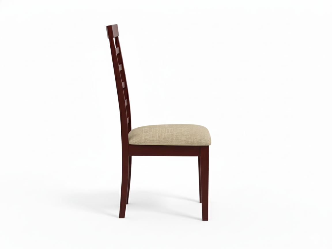 Side view of Grace traditional dining chair with a mahogany frame. The tall back is a classic ladder design, and the seat is padded and covered in a woven tan fabric