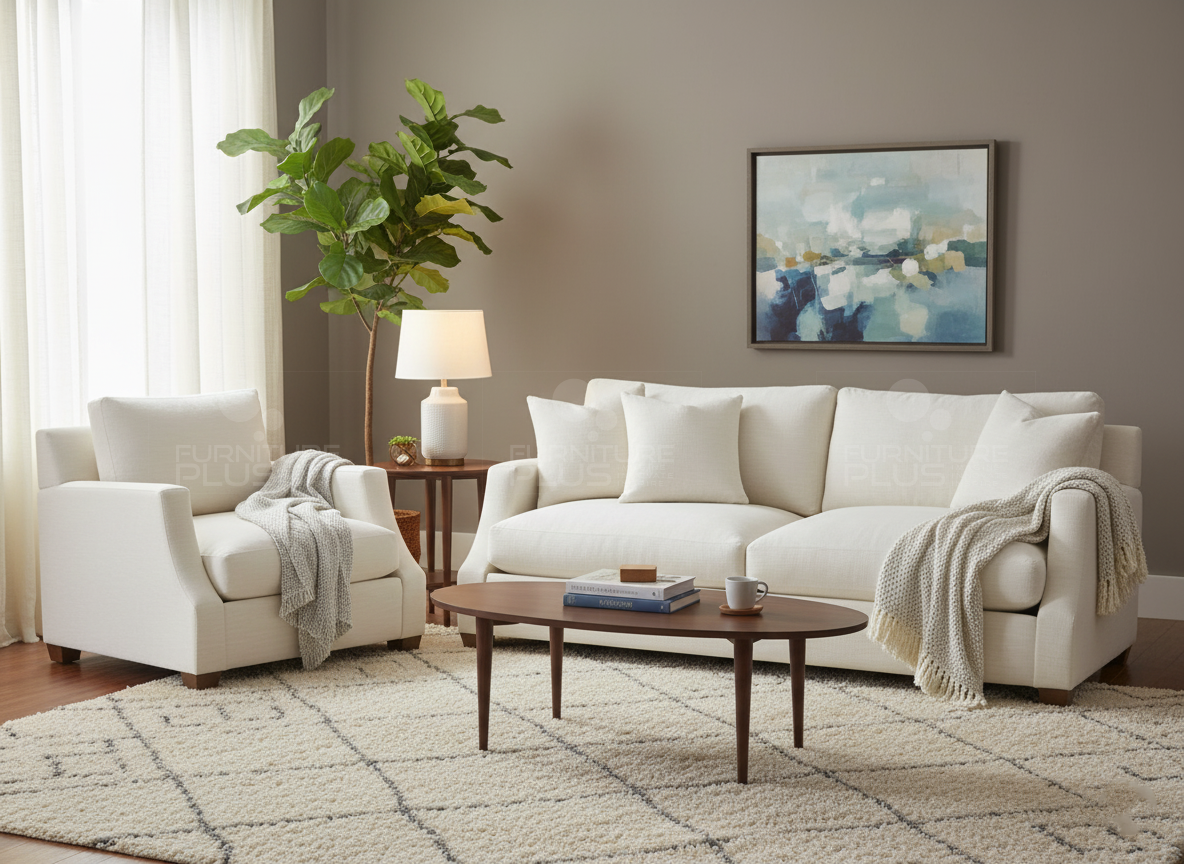 Hamilton fully upholstered white 3+1 sofa set with coffee table in a modern living room