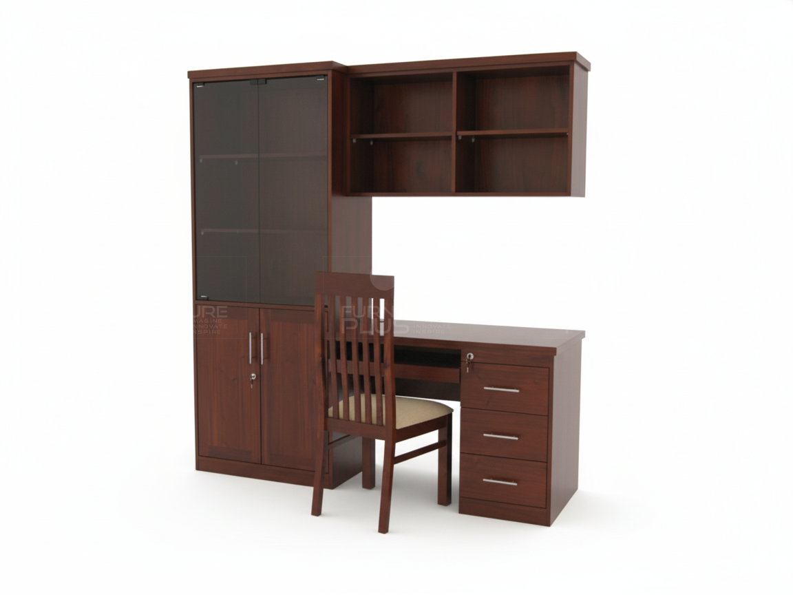 Side view of a modular Hart study unit in a dark mahogany wood finish. It includes a desk with a three-drawer pedestal and a central drawer. The integrated storage tower features a tall glass-front cabinet over a closed two-door cabinet, with a four-cubby wall hutch extending over the desk. A traditional slat-back wooden chair is tucked underneath