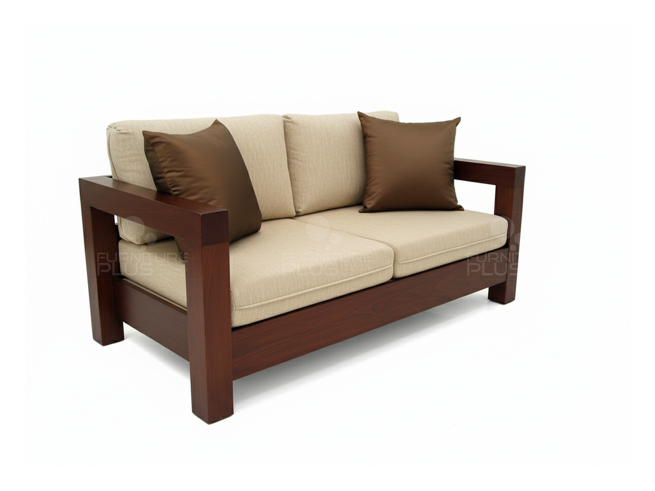 Side view of Harvard beige two seater sofa with solid Mahogany timber frame and two brown throw pillows