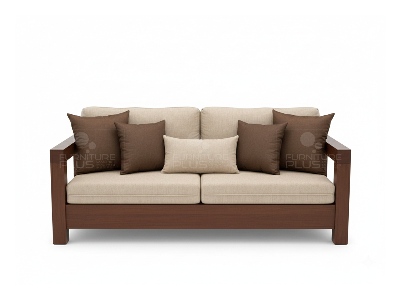 Front view of Harvard beige two three sofa with solid Mahogany timber frame and five throw pillows