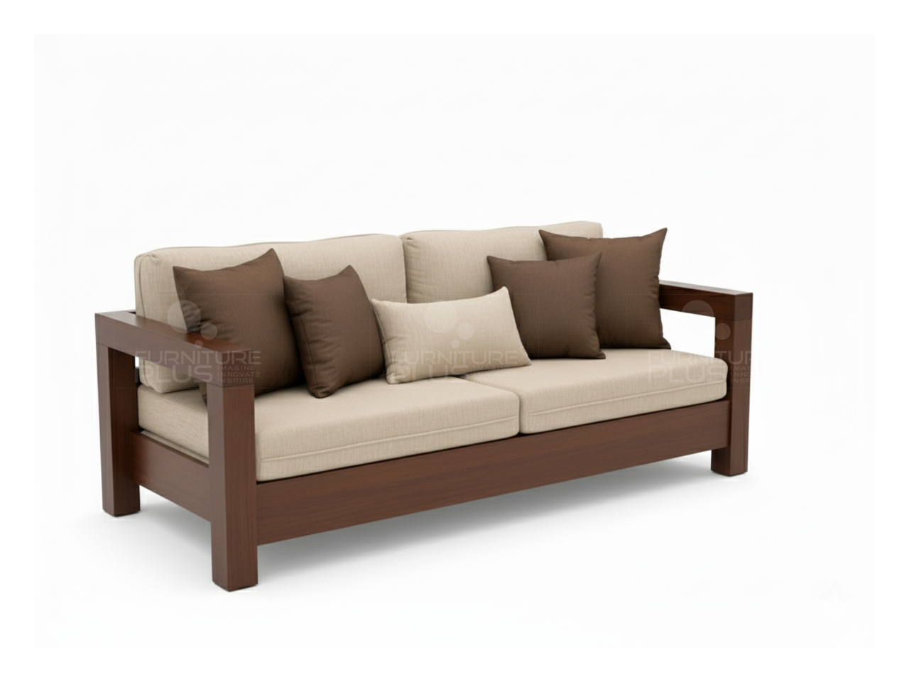 Side view of Harvard beige two three sofa with solid Mahogany timber frame and five throw pillows